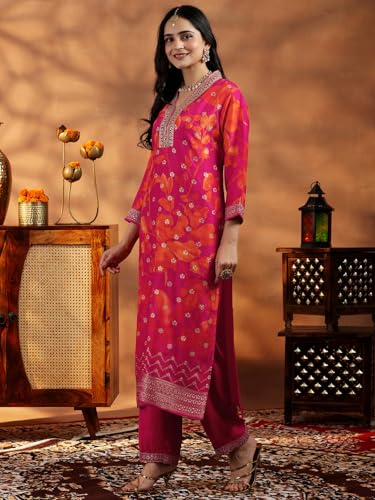 Libas Womens Printed Silk Blend Straight Kurta With Trousers and Dupatta