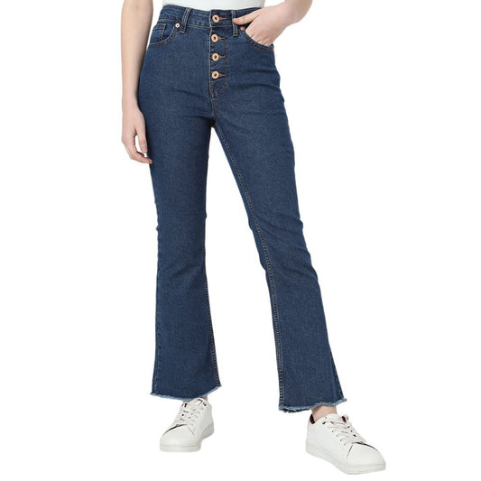 VERO MODA Women Solid Dark Blue Cotton-Organic Bootcut Fit High-Rise Jeans