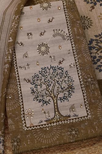 Soch Womens Beige Chanderi Warli Print Unstitched Dress Material With Sequins