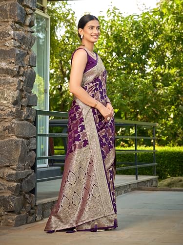 MANOHARI Women's Most Trendy Banarasi Satin Silk Woven Purple Wine Saree With Heavy Jacquard Work Saree With Blouse Piece_MN2054