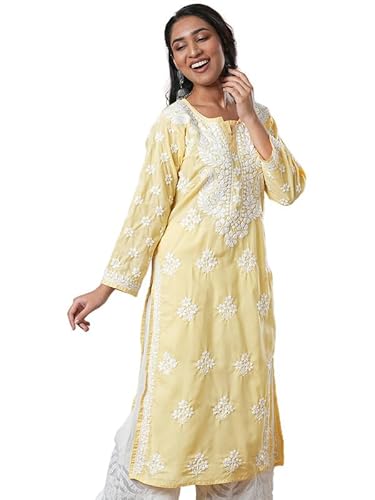 Ada Hand Embroidered Lucknowi Chikankari Cotton Kurta Kurti Tunic for Women A411696 Yellow (4XL)
