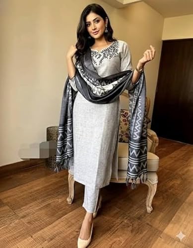 Kurthnic Women's South Cotton Embroidered Kurta with Pant & Dupatta BLACK_XL