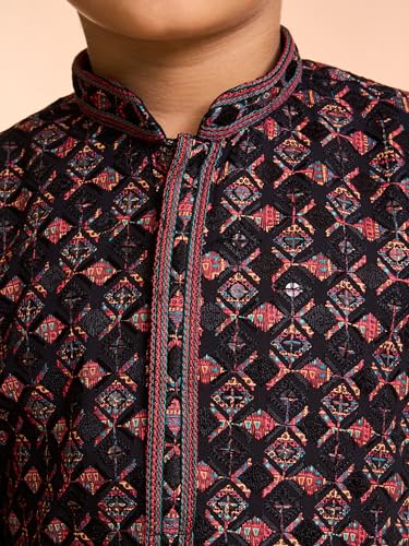 Manyavar Boys Viscose Thread Embroidery & Sequins Festive Kurta Pyjama Set (Black,8-10Y)