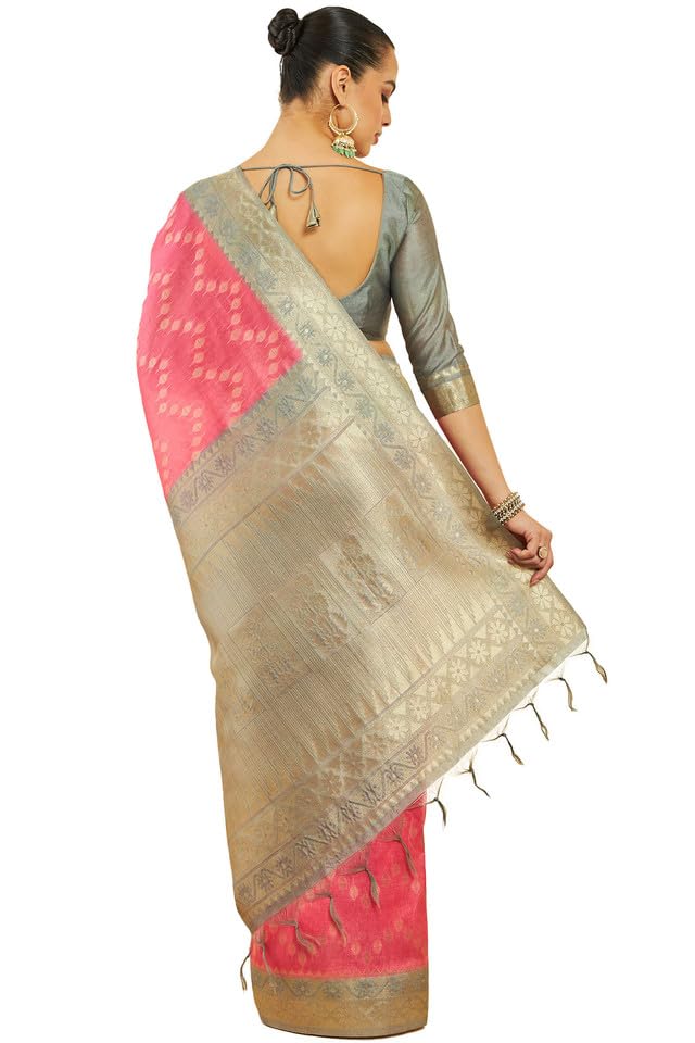 Soch Womens Pink Tussar Silk Saree With Woven Zari Designs And Grey Pallu