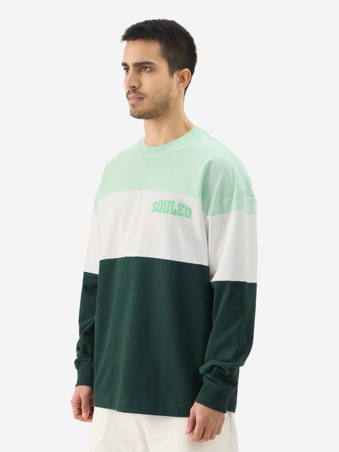 The Souled Store Jasper Men and Boys Round Neck Green and White Colorblock Full Sleeve Oversized T-Shirts Oversized Men's T-Shirts Solid Tees Casual Fashion Relaxed Fit Full Sleeves Round Neck
