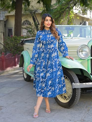Divena Blue Floral Print Cotton Fabric Flared Dress