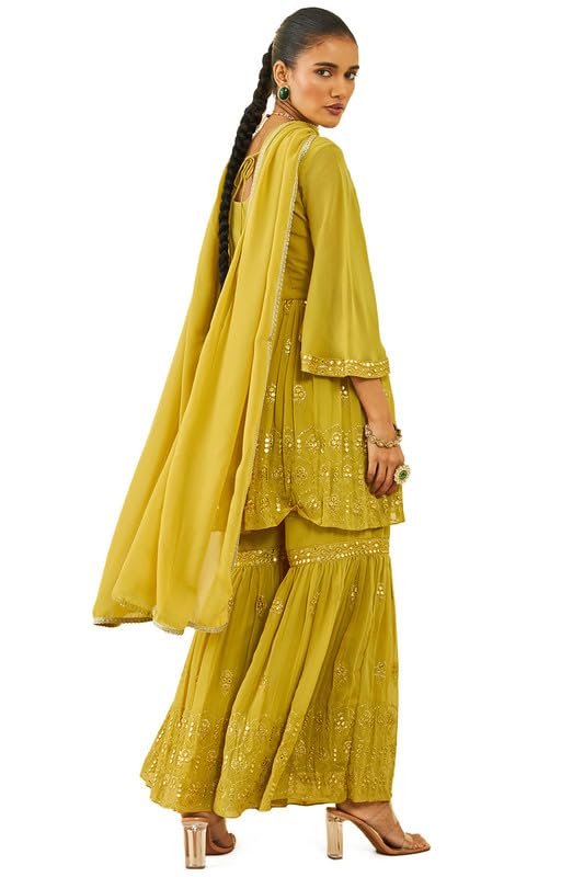 Soch Womens Mustard Georgette Embroidered Sharara Suit Set with Faux Mirror Work