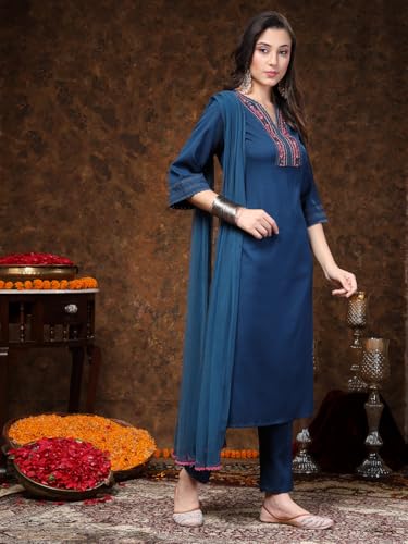 Stylum Women's Teal Solid & Embroidered Italian Crush Straight Kurta Pant Dupatta Set