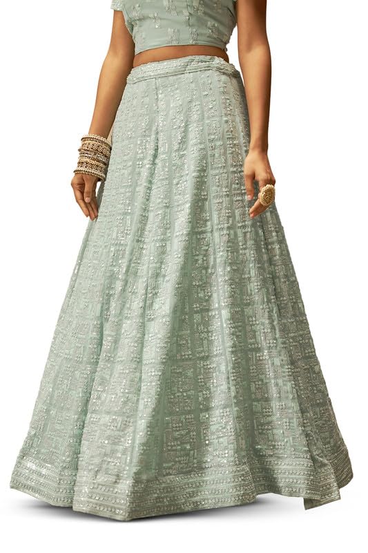 Soch Womens Powder Blue Georgette Geometric Pattern Sequin Embellished Unstitched Lehenga Set