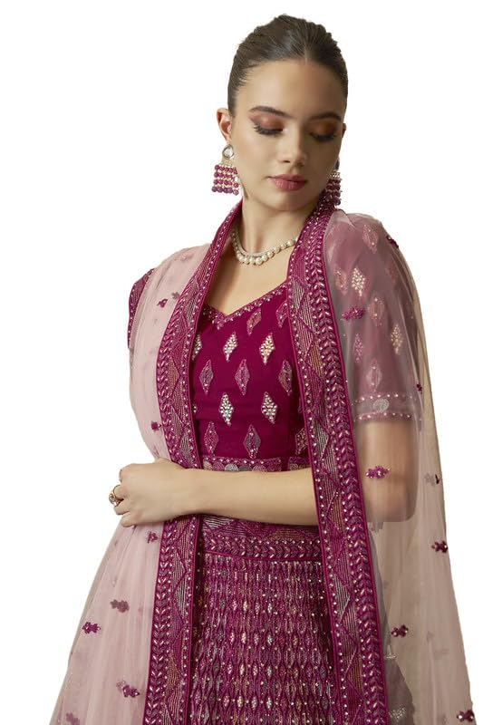 Soch Womens Wine Georgette Embroidered Unstitched Lehenga Set with Stone Embellishments