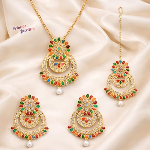 Silver Tone Traditional Necklace Set with Earrings & Maang Tikka for Women | Wedding, Festive and Ethnic Indian Jewellery Set (Multicolor - 2)