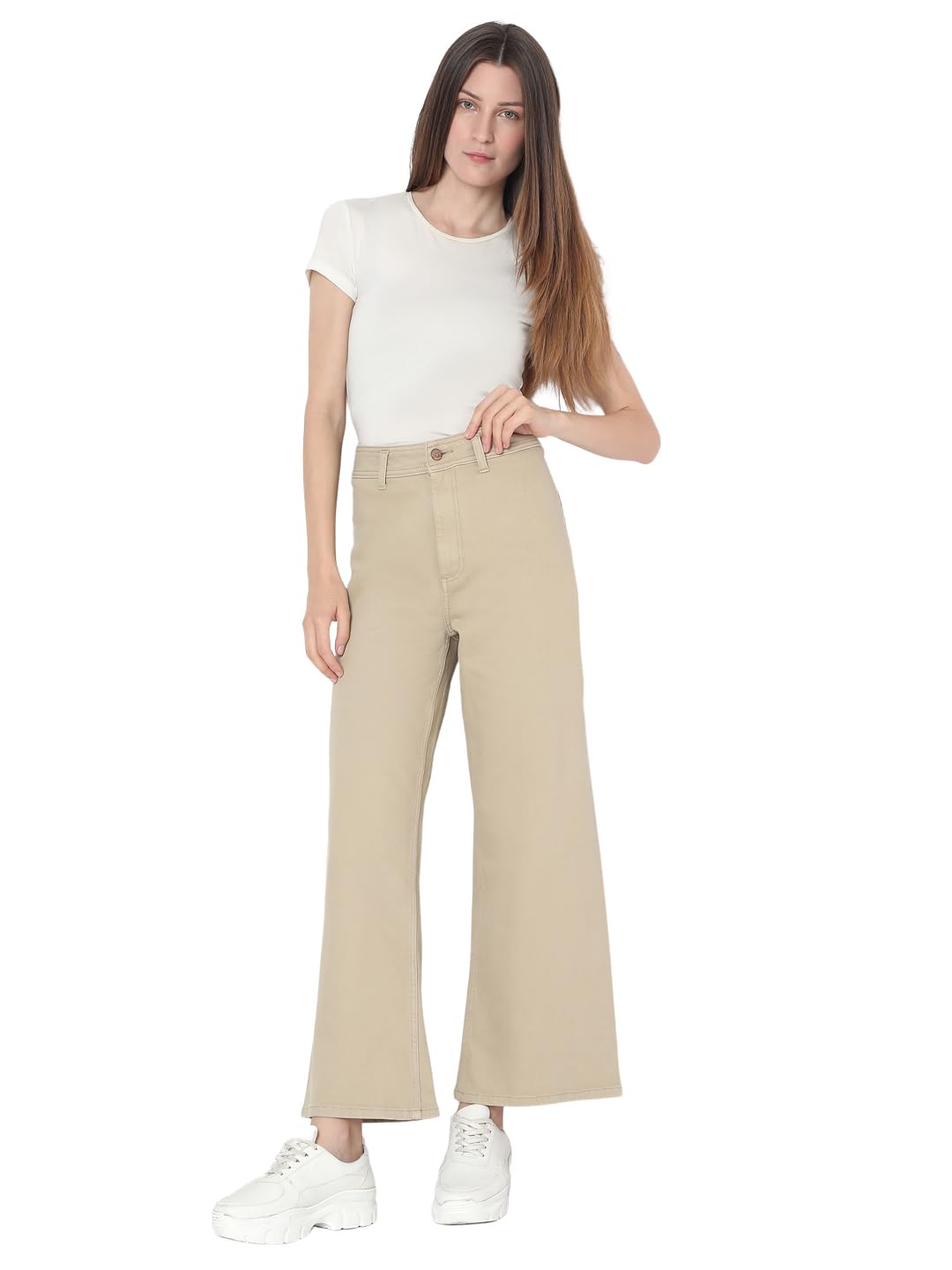 VERO MODA Womens Wide Leg High Rise Jeans Beige