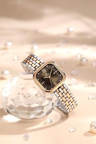 London Fog Bloomsbury Collection Analog Quartz Watch for Women with Brown Sunray Square Dial, Roman Numeral and Crystal Hour Markers, Date Display, Rose Gold & Silver Stainless Steel Strap LFW20008-22
