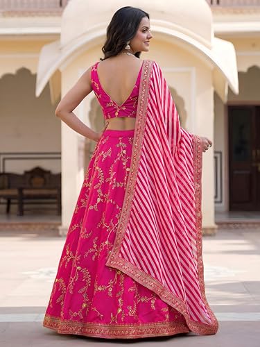 Zeel Clothing Women's Sequins Thread Embroidered Silk Lehenga Choli With Dupatta (7025-Pink-Women-Lehenga-Choli-Set, Free size)