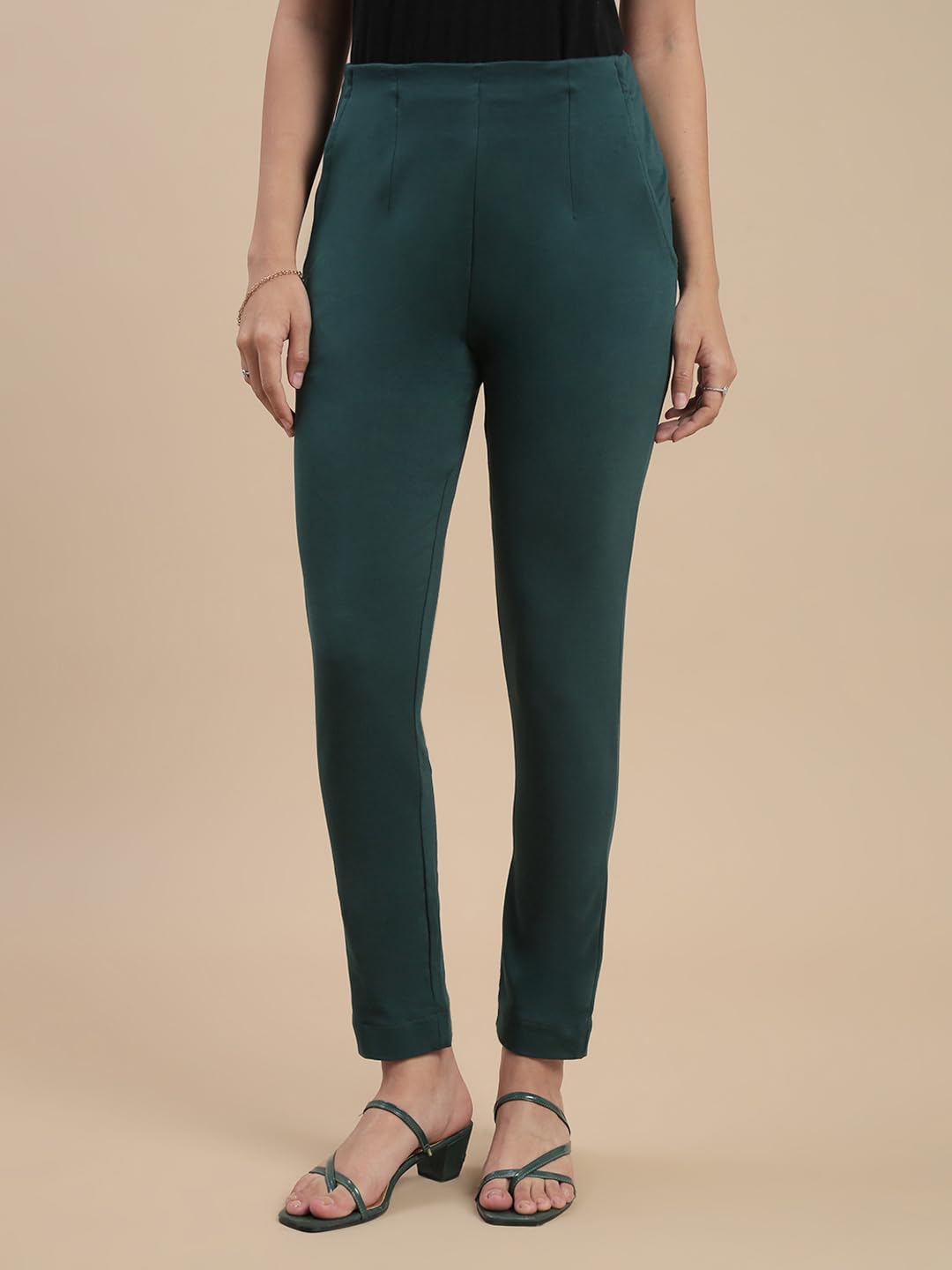 De Moza Women Pencil Fit Cigarette Pant - Bottle Green | 95% Cotton 5% Elastane | Mid Rise | 2 Pockets | Casual & Office Wear