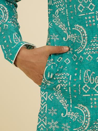 Manyavar Men's Cotton Blend Printed Kurta (Teal Green,XL)