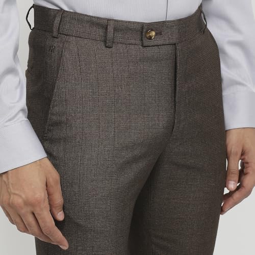Raymond Men Slim Fit Checks Pattern Polyester Blend Flat Front Formal Trouser Dark Brown