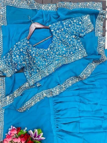 infabzon Ready To Wear Western Drape Lehenga Choli Set For Women Georgatte Fabric On 3 Layer Rufeel Embrodery Sequance Work Fully Stitched (Gajari, XL)