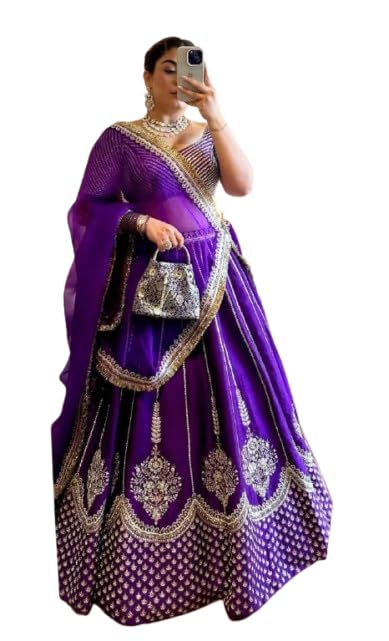 Forteo Fashion Wedding Embroidered Lehenga Choli, Purple with Silver Work, Heavy chinnon Work // Free size lahegha choli