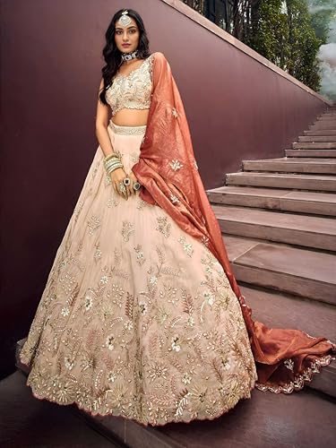 Zeel Clothing Women's Dori, Sequins and Thread Embroidered Work Cosmos Silk Lehenga Choli With Dupatta (6019-Copper-Women-Lehenga-Choli; Free size)