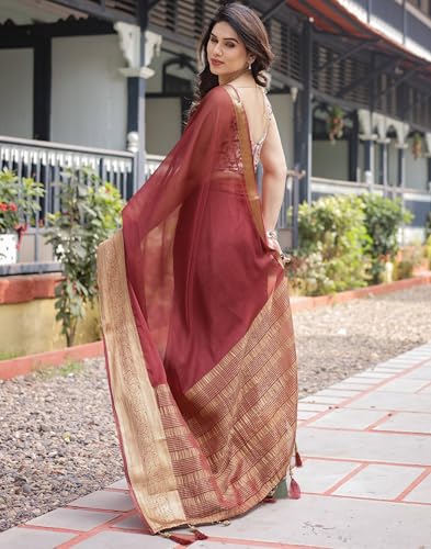 SIRIL Women's Chiffon Jacquard Weaving Saree with Unstitched Blouse Piece (4266S151_Brown)