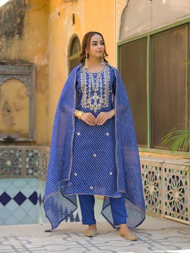 Divena Blue Leheriya Kota Doria Kurta Pant With Dupatta