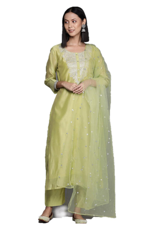 DISHWA FASHION Women's Embroidered Chanderi Kurti, Salwar and Dupatta Set (XX-Large, GREEN)