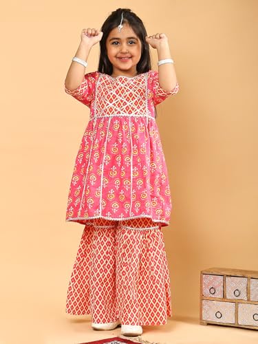 superminis Baby Girls Cotton Sanganeri Printed Frock Style Kurti With Printed Sharara Dress (6-12 Months, Light Pink)