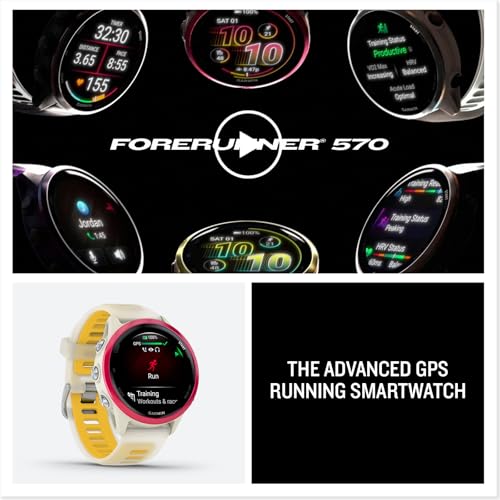 Garmin® Forerunner® 570, 42mm, Advanced GPS Running and Triathlon Smartwatch, AMOLED Display, Training and Recovery Features, Raspberry Aluminum with Translucent Bone/Mango Band