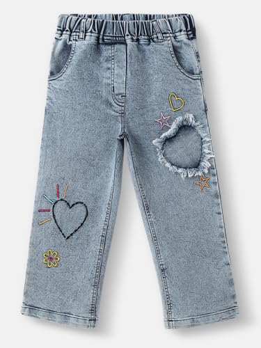 Nautinati Girls’ Patch Embroidery Jeans | Denim Pants for Girls | 4 to 8 Years Blue