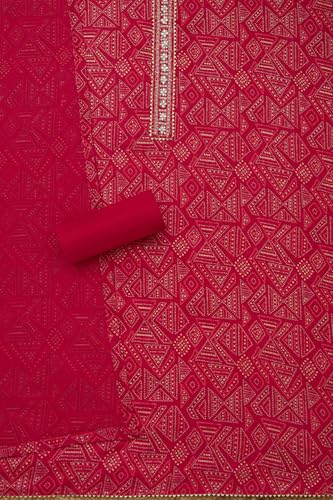 Soch Womens Fuchsia Jam Cotton Bandhani Print Unstitch Dress Material With Beads And Stones
