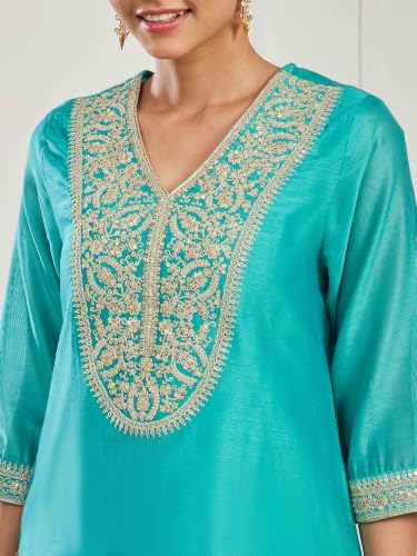 BIBA Dyed Cotton Silk Straight Festive Kurta With Palazzo And Dupatta