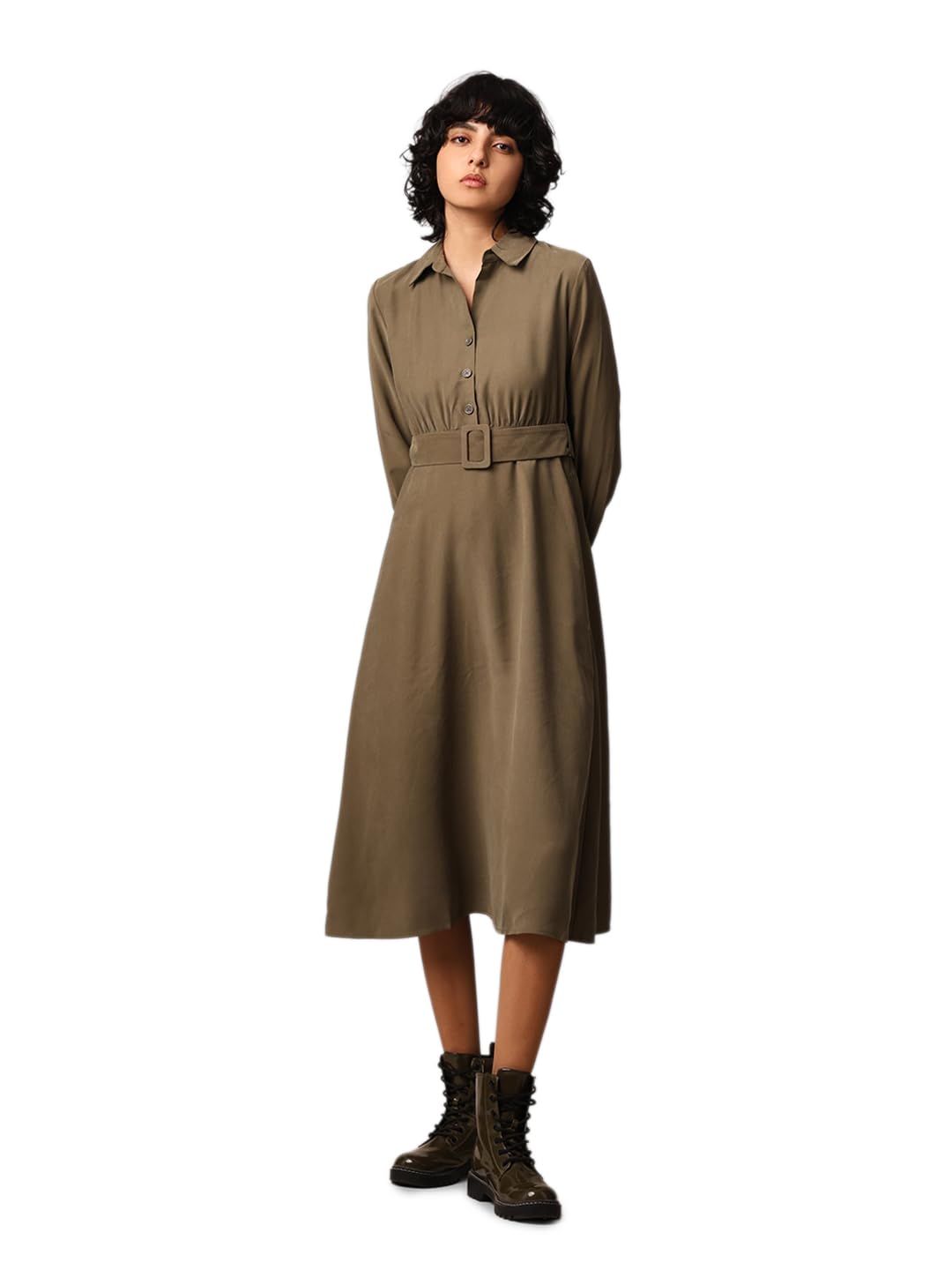 ONLY Women Solid Regular Fit Casual Olive Shirt Dress