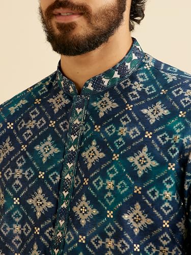 Manyavar Men's Viscose Blend Ethnic Motifs Printed Kurta Set (Blue,XXL)