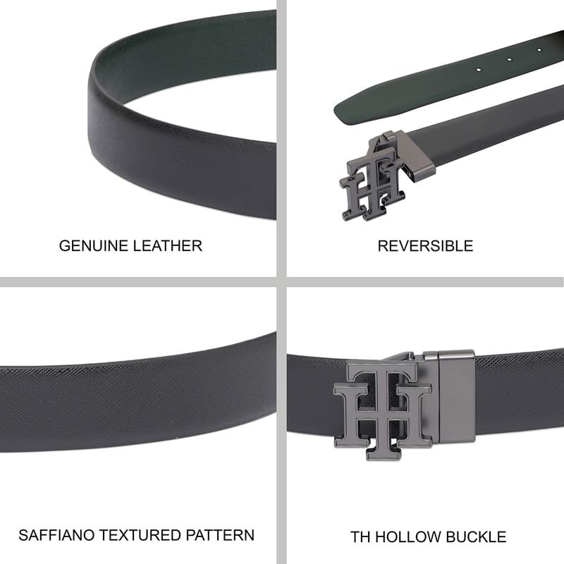 TOMMY HILFIGER Leather Belt for Men, Antigua, Medium, Black+Olive