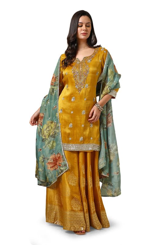 Soch Womens Mustard Tissue Suit Set With Sequins