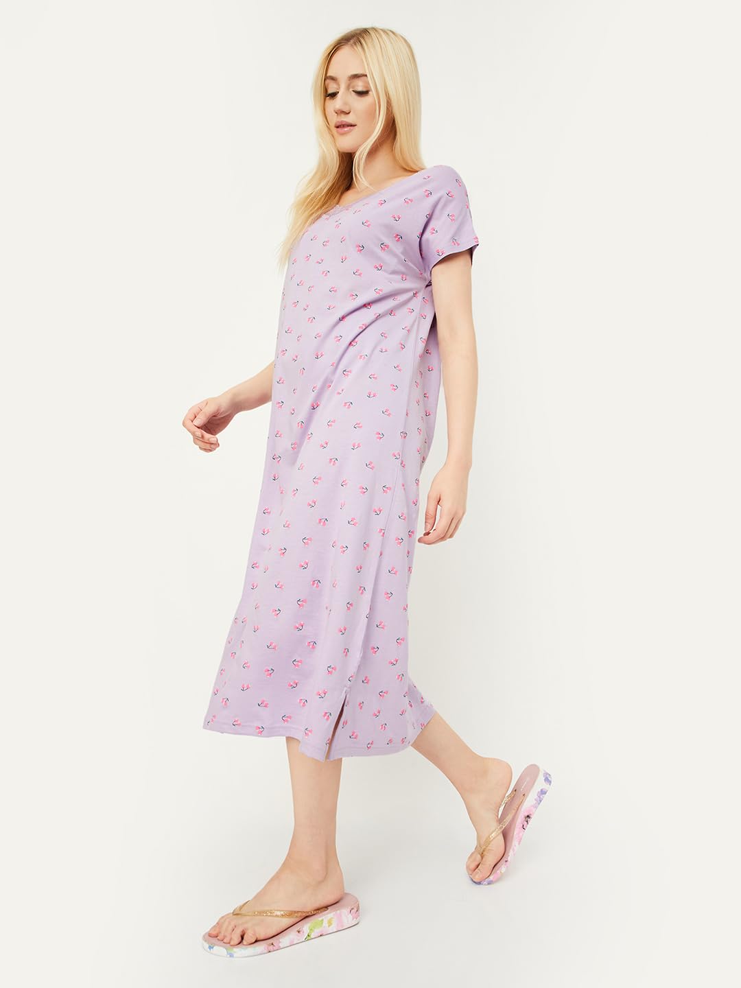 Max Women Cotton Maxi Casual Nightgown (SU24KG11_Lilac_L