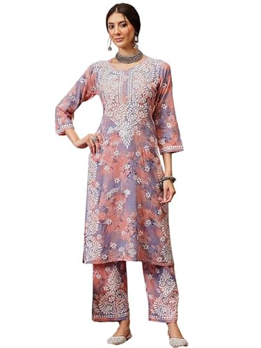 Ada Hand Embroidered Lucknowi Chikankari Printed Cotton Kurta with Pant Co-Ord Set for Women A811313 Light Purple & Peach (2XL)