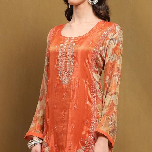 BIBA Women's Orange Viscose Blend Printed Unstitched Suit Set