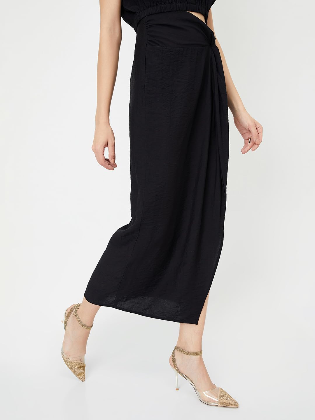 Max Women Solid Draped Skirt, Black, S