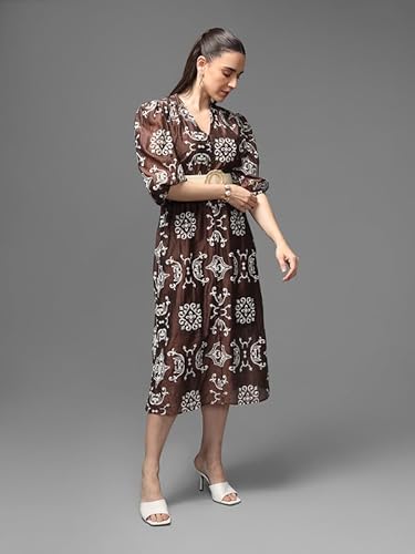 Kazo Cabo Midi Dress with Belt (Brown_XL)