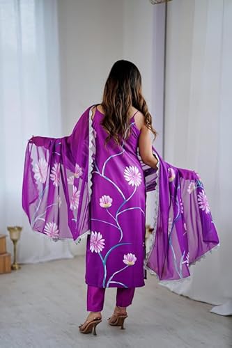 AVYUKTHA | Women Floral Embroidered Kurta with Pyjamas & Dupatta | Thread Work Ethnic Kurta Set for Women | Festive & Daily Purple | Size- M