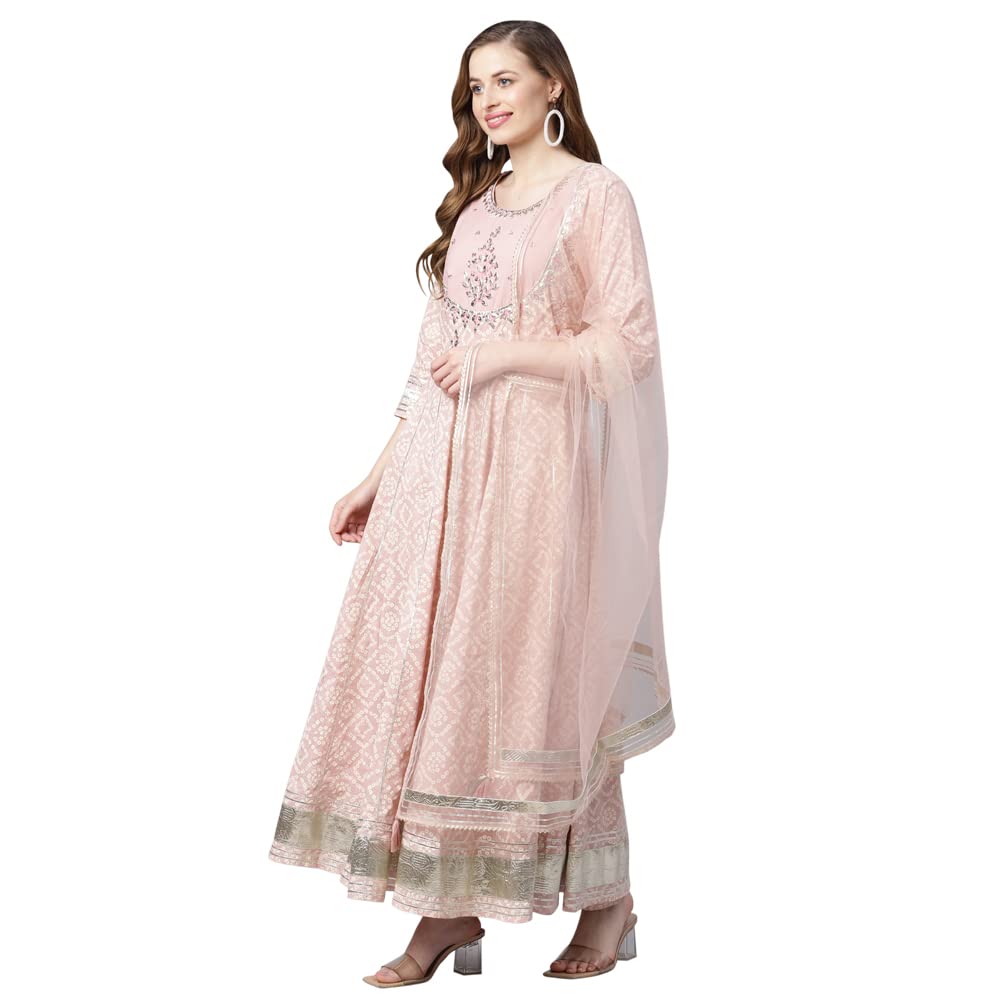 Divena Light Pink Cotton Anarkali Gown Pant set with Net Dupatta
