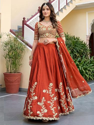 Zeel Clothing Women's Thread and Sequins Embroidered Work Silk Lehenga Choli With Dupatta (5135-Orange-Women-Lehenga-Choli-Latest; Free size) (Orange)