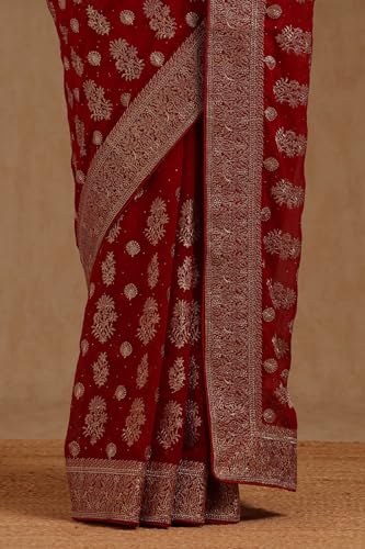 Soch Womens Red Georgette Embroidered Saree With Stone Work