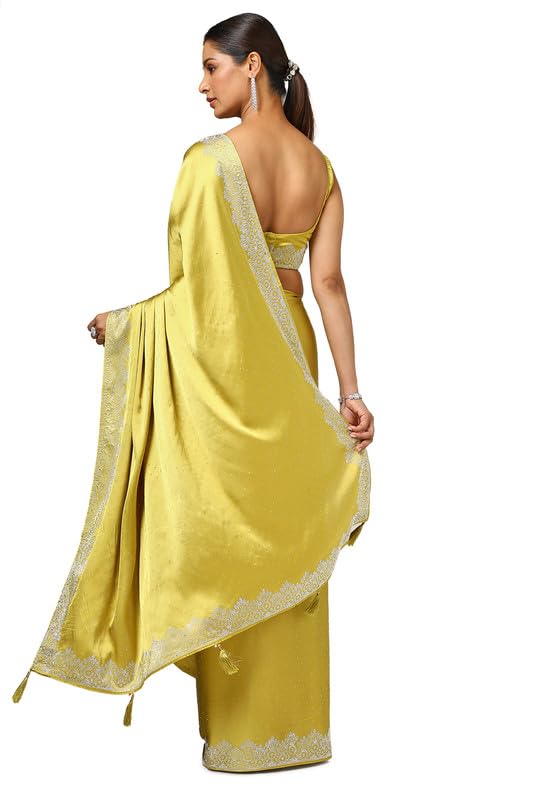 Soch Womens Mustard Satin Embellished Saree With Stone Work