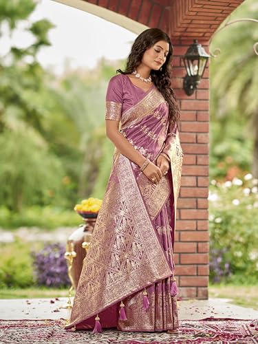 MANOHARI Women's Most Trendy Banarasi Satin Silk Woven Rose Pink Saree With Heavy Jacquard Work Saree With Blouse Piece_MN2026