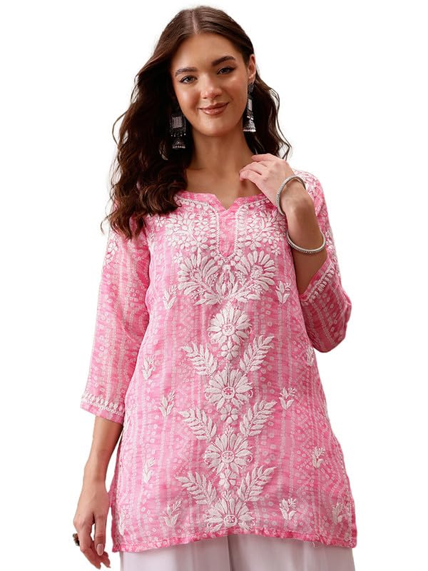 Ada Hand Embroidered Lucknowi Chikankari Printed Kota Doria Short Kurti Top Tunic with Slip for Women A911442 Pink (2XL)
