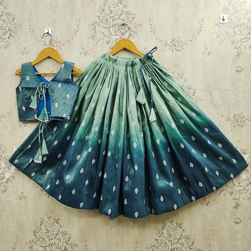 Helene Girls Ombre Lehenga Choli Set | Sleeveless V-Neck Crop Top & Flared Lehenga Skirt | Ethnic Wear for Kids | 2-8 Years Girls (Rama, 3-4 Years)