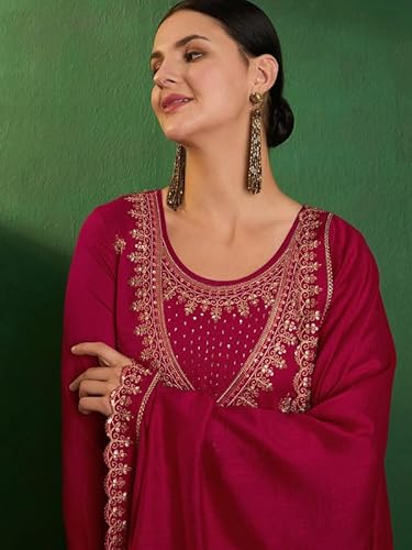 AVYUKTHA | Women Ethnic Motifs Embroidered Kurta with Trors & Dupatta | Traditional Thread Work Kurta Set for Festive & Daily | Red | Size- XL